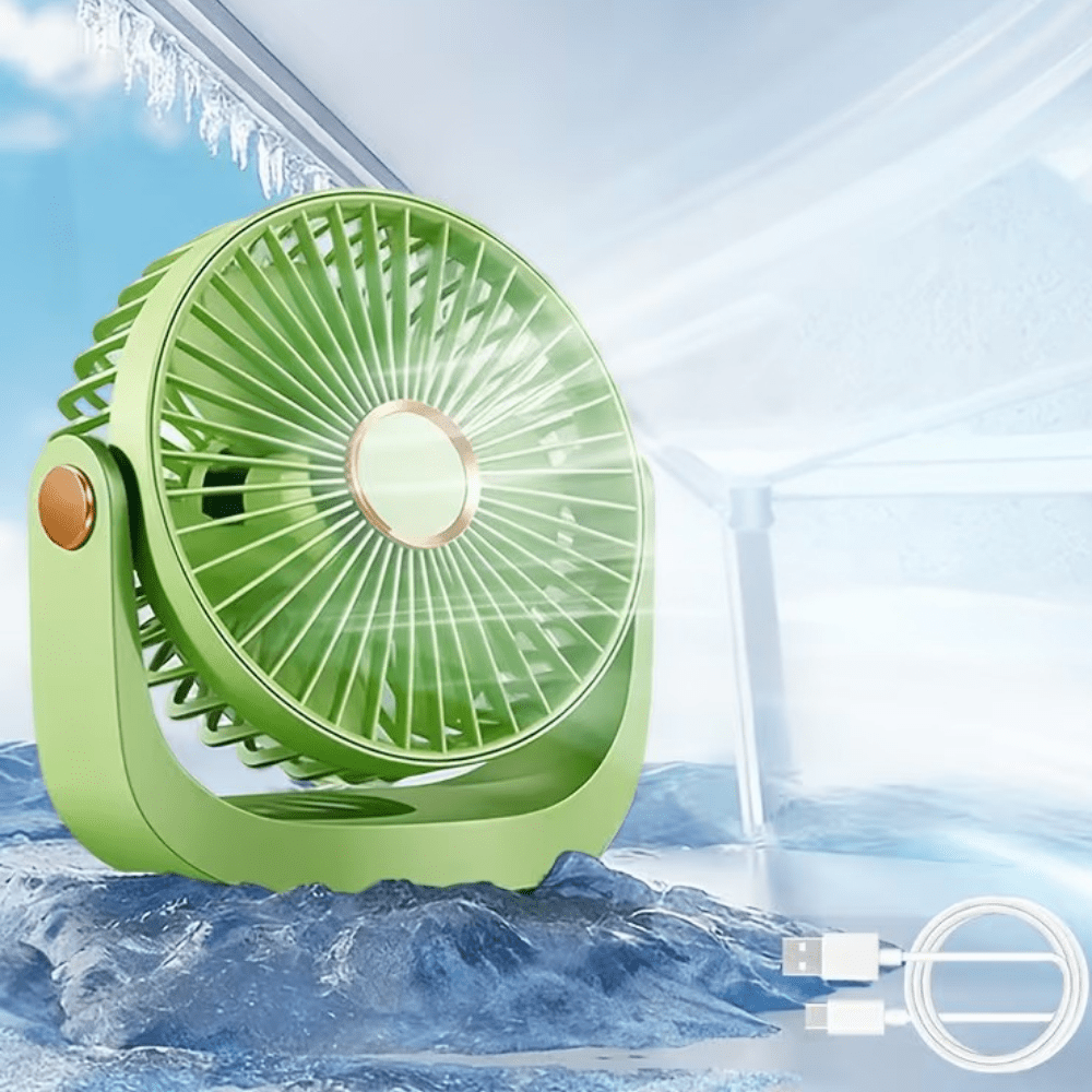 Portable USB desk fan featuring a rechargeable battery and adjustable speed settings, designed for lightweight indoor and outdoor use. 4
