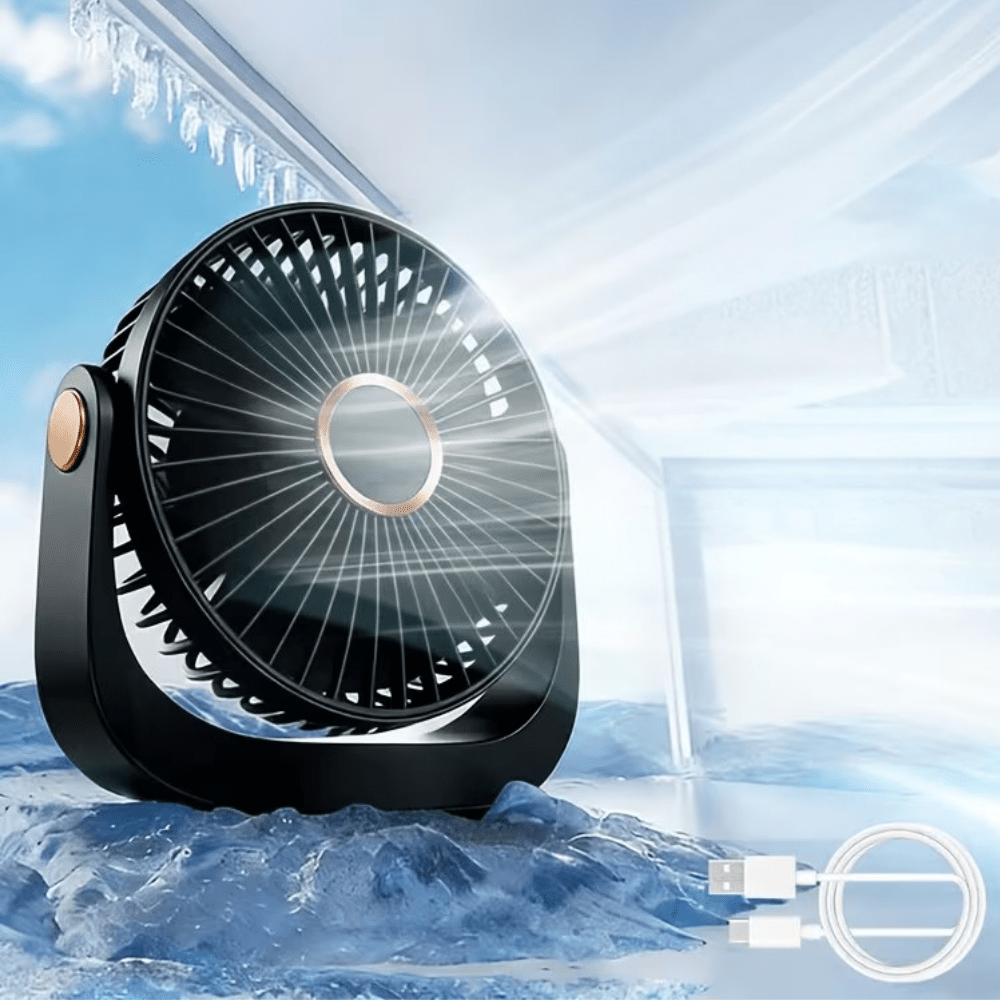 Portable USB desk fan featuring a rechargeable battery and adjustable speed settings, designed for lightweight indoor and outdoor use. 0