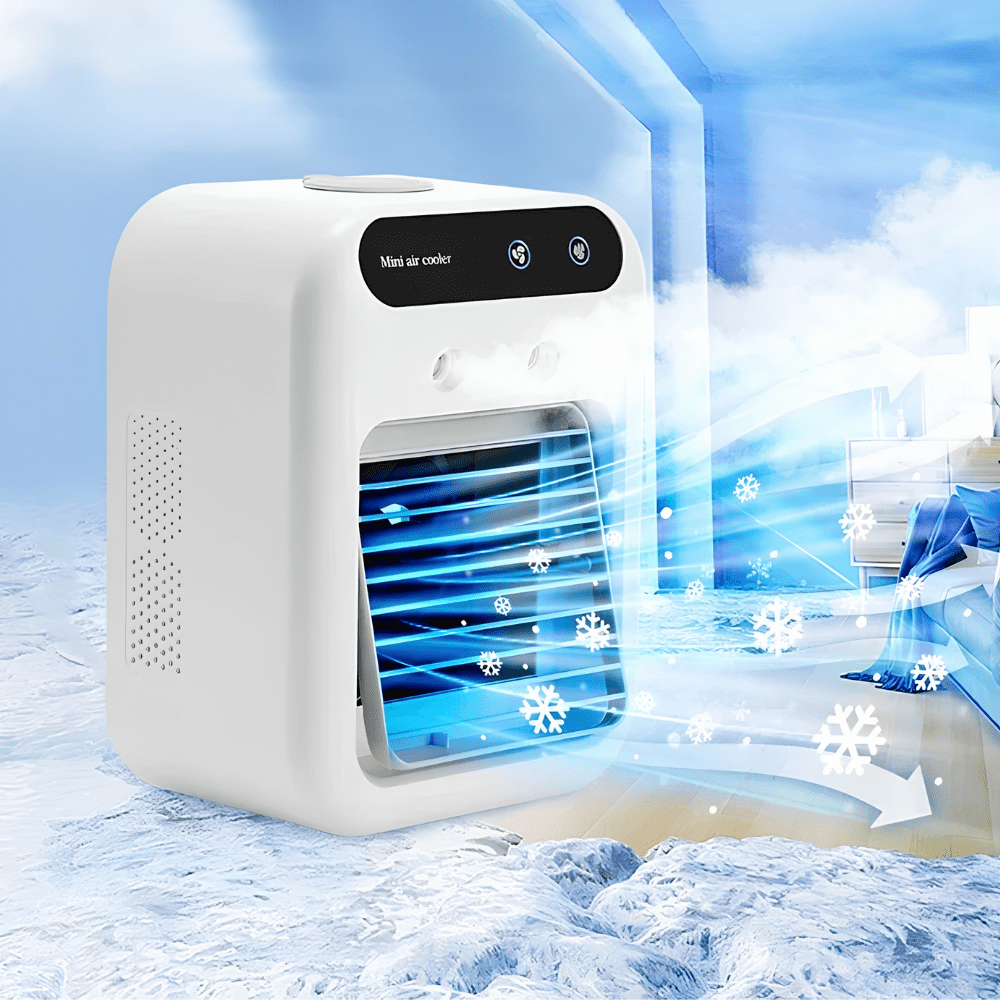 Portable USB evaporative cooler and humidifier, compact personal cooling fan designed for efficient cooling and moisture, ideal for home or office use. 0