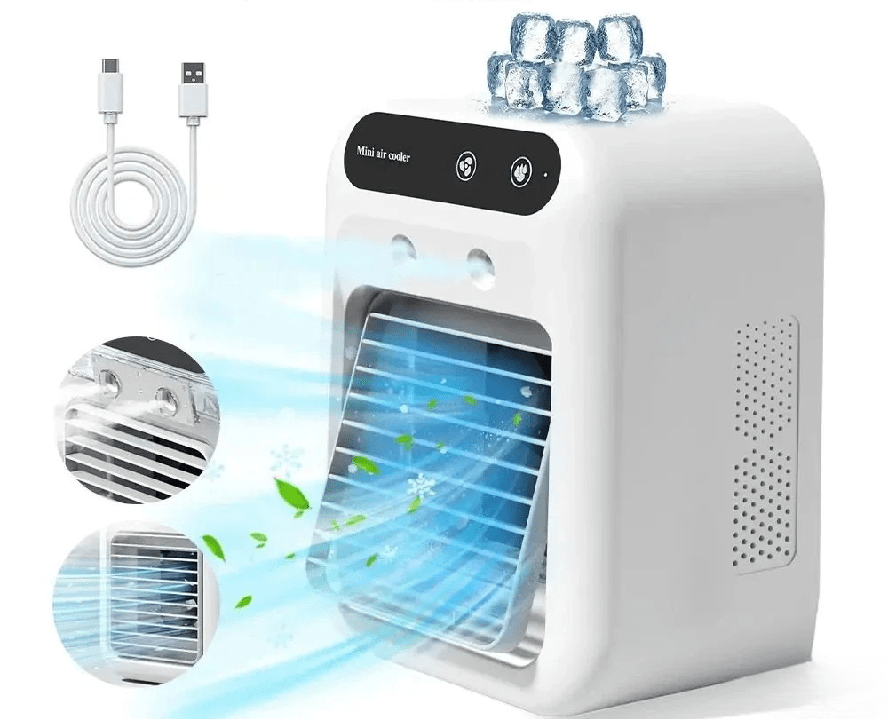 Portable USB evaporative cooler and humidifier, compact personal cooling fan designed for efficient cooling and moisture, ideal for home or office use. 1