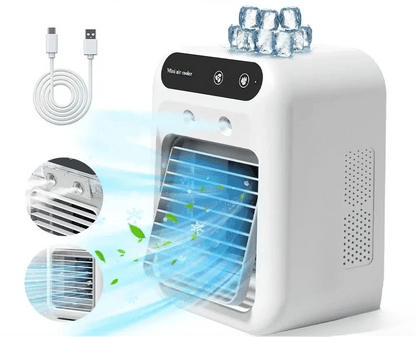 Portable USB evaporative cooler and humidifier, compact personal cooling fan designed for efficient cooling and moisture, ideal for home or office use. 1