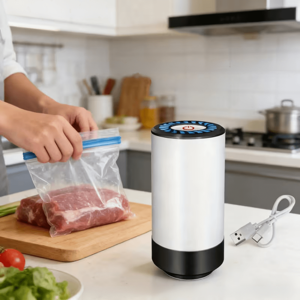 Portable vacuum sealer machine with dehumidifier function, designed for efficient moisture control and compact food storage, featuring easy-to-use controls and a sleek design 5