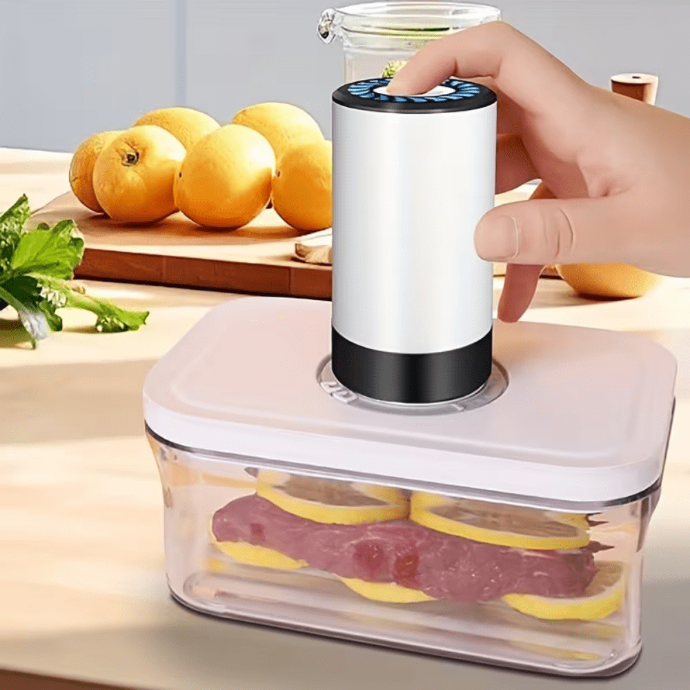 Portable vacuum sealer machine with dehumidifier function, designed for efficient moisture control and compact food storage, featuring easy-to-use controls and a sleek design 4