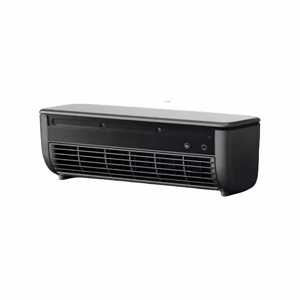 Portable wall-mounted fan in black and white with 3-speed control, designed for easy charging and efficient cooling, ideal for desktops and small spaces. 2