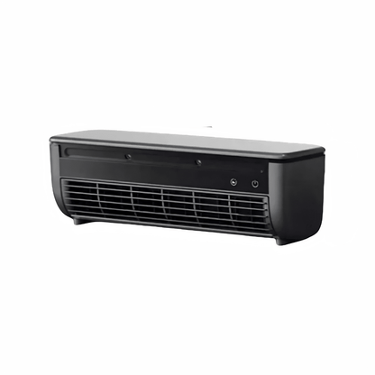 Portable wall-mounted fan in black and white with 3-speed control, designed for easy charging and efficient cooling, ideal for desktops and small spaces. 2