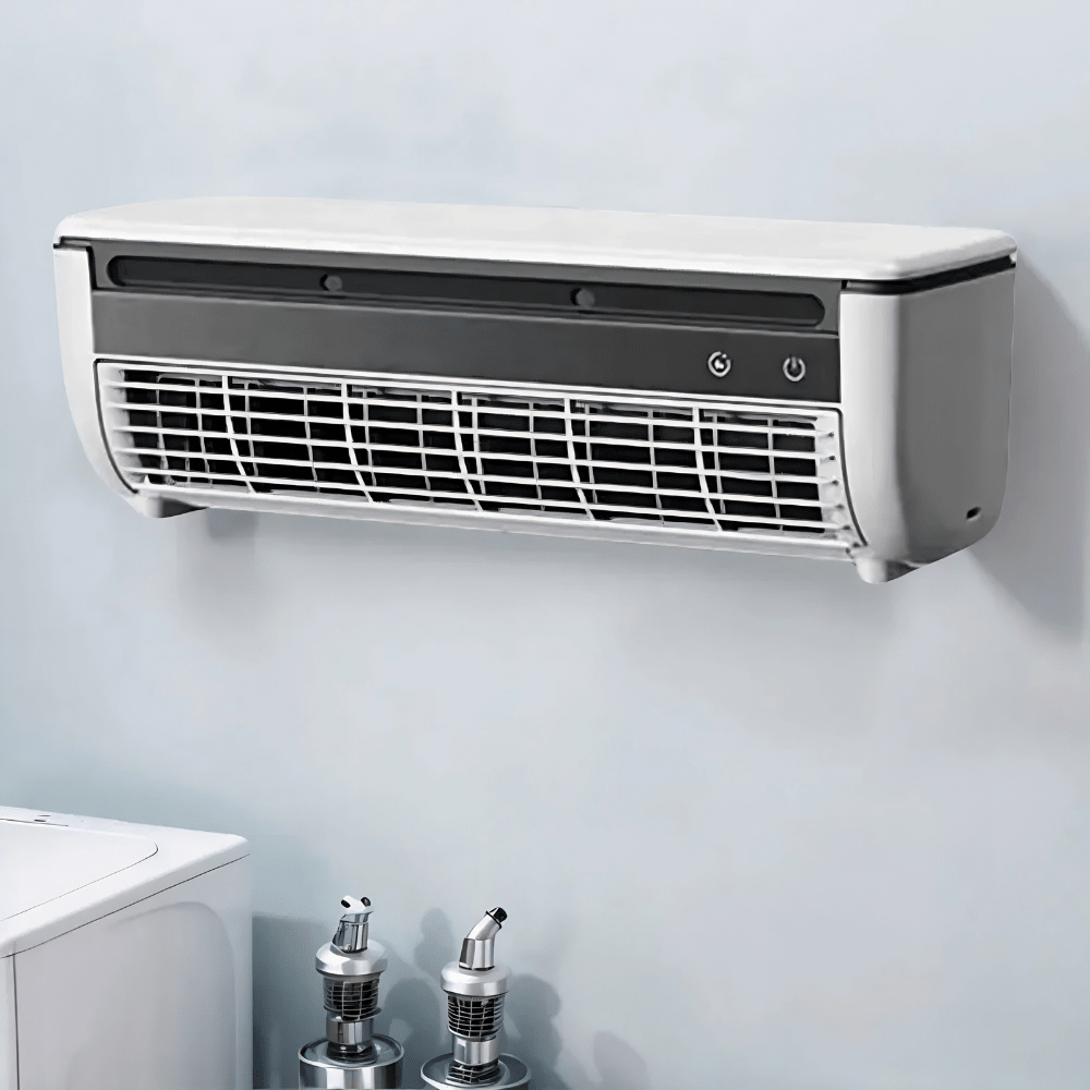 Portable wall-mounted fan in black and white with 3-speed control, designed for easy charging and efficient cooling, ideal for desktops and small spaces. 3