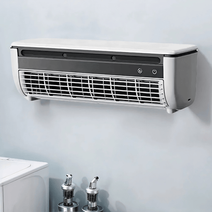 Portable wall-mounted fan in black and white with 3-speed control, designed for easy charging and efficient cooling, ideal for desktops and small spaces. 3