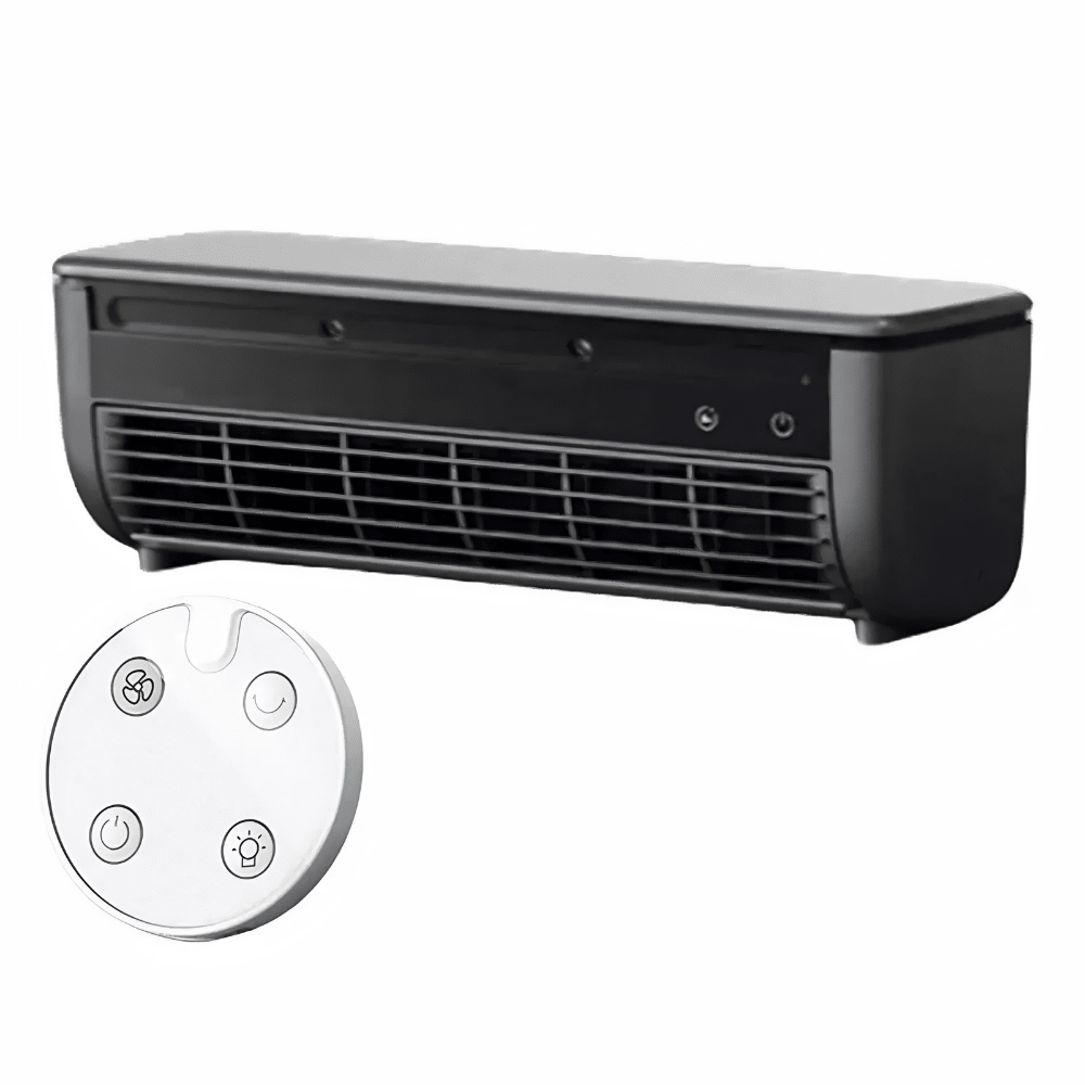 Portable wall-mounted fan in black and white with 3-speed control, designed for easy charging and efficient cooling, ideal for desktops and small spaces. 1