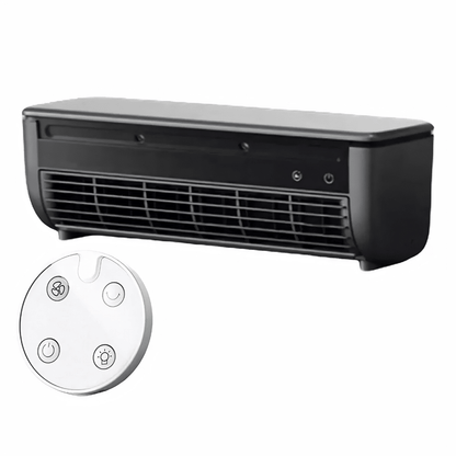 Portable wall-mounted fan in black and white with 3-speed control, designed for easy charging and efficient cooling, ideal for desktops and small spaces. 1