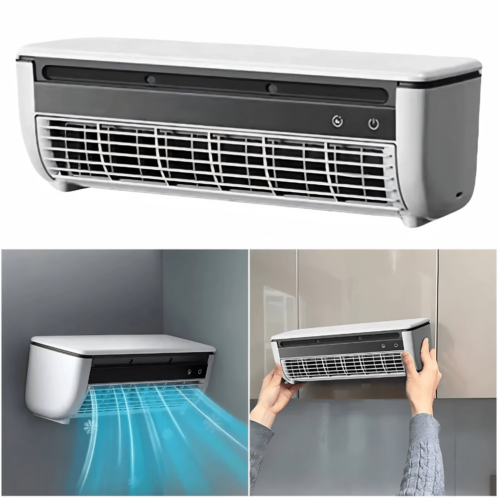 Portable wall-mounted fan in black and white with 3-speed control, designed for easy charging and efficient cooling, ideal for desktops and small spaces. 4