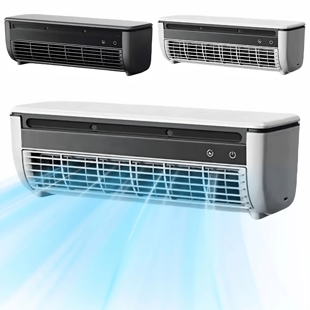 Portable wall-mounted fan in black and white with 3-speed control, designed for easy charging and efficient cooling, ideal for desktops and small spaces. 5