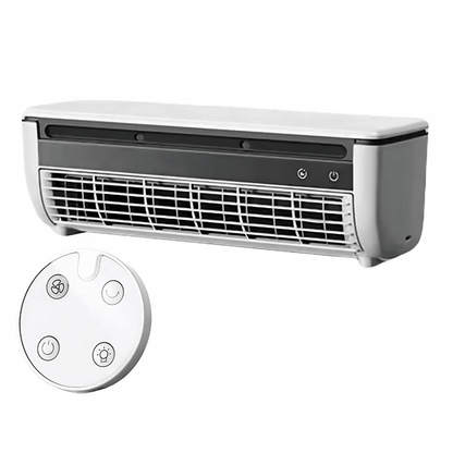 Portable wall-mounted fan in black and white with 3-speed control, designed for easy charging and efficient cooling, ideal for desktops and small spaces. 7