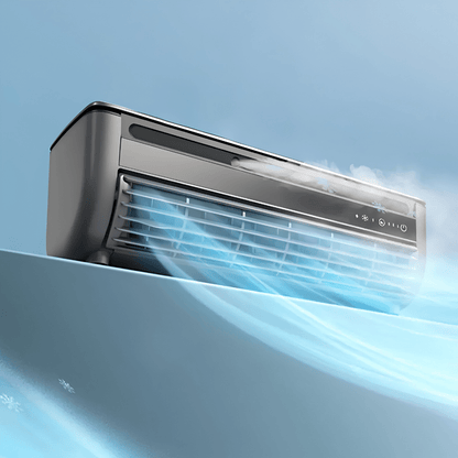 Portable wall-mounted fan in black and white with 3-speed control, designed for easy charging and efficient cooling, ideal for desktops and small spaces. 0