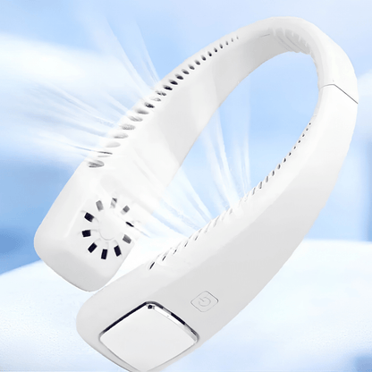 Portable wearable neck fan in white with a rechargeable battery, featuring three-speed cooling settings for personal comfort and convenience. 0