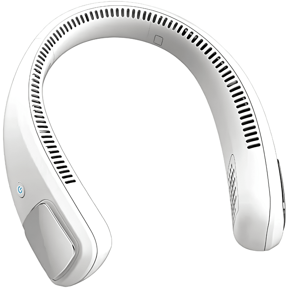 Portable wearable neck fan in white with a rechargeable battery, featuring three-speed cooling settings for personal comfort and convenience. 4