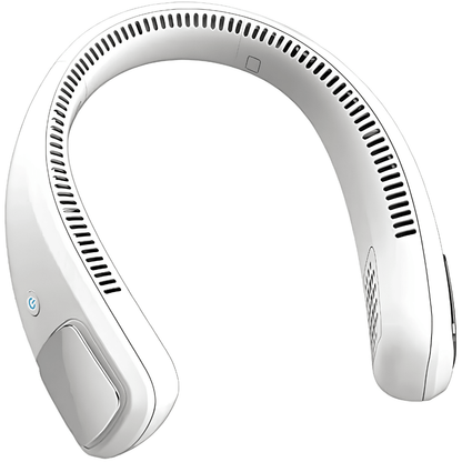 Portable wearable neck fan in white with a rechargeable battery, featuring three-speed cooling settings for personal comfort and convenience. 4
