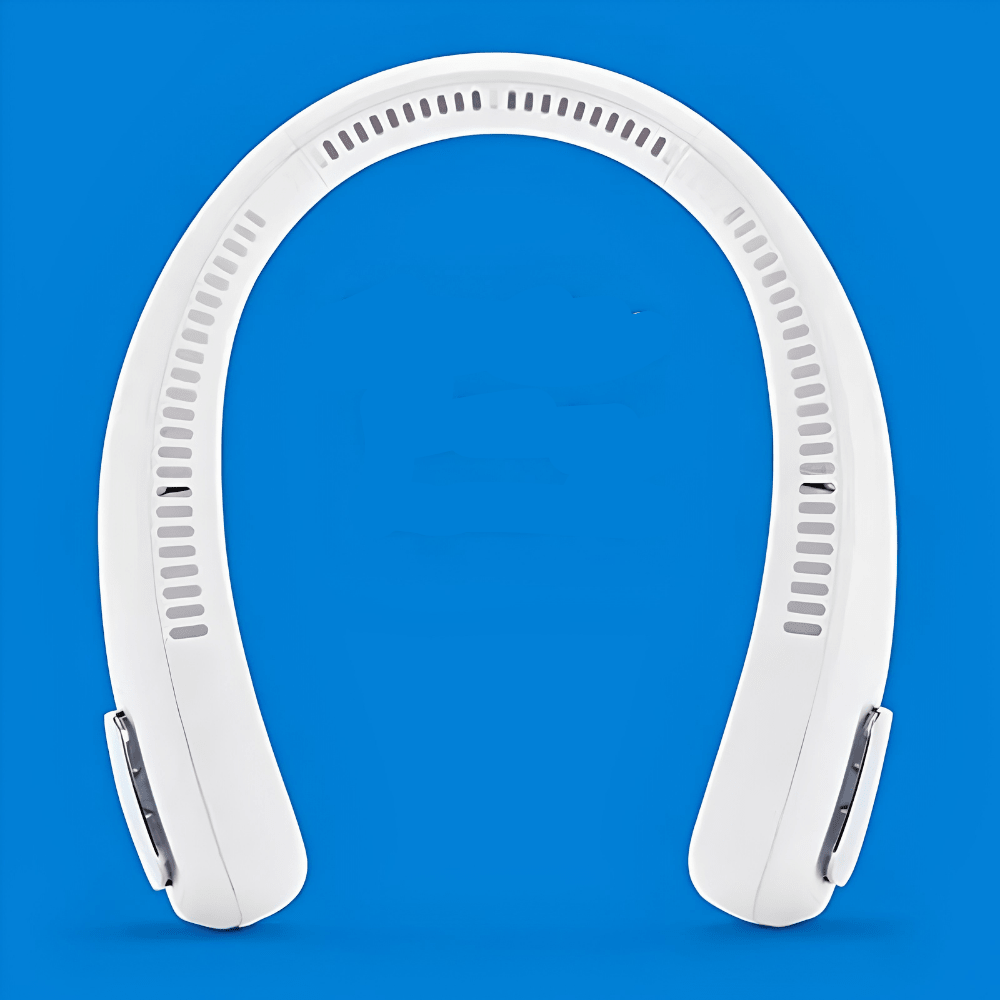 Portable wearable neck fan in white with a rechargeable battery, featuring three-speed cooling settings for personal comfort and convenience. 1
