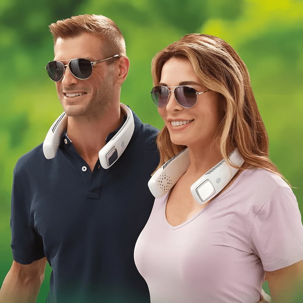 Portable wearable neck fan in white with a rechargeable battery, featuring three-speed cooling settings for personal comfort and convenience. 2