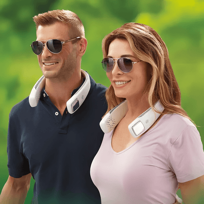 Portable wearable neck fan in white with a rechargeable battery, featuring three-speed cooling settings for personal comfort and convenience. 2