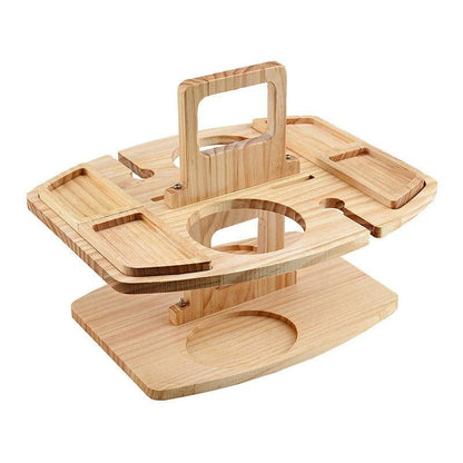 Portable wooden wine table featuring a built-in glass holder, perfect for outdoor picnics and gatherings, offering a compact and stylish accessory for wine lovers. 0