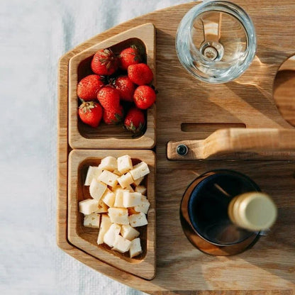 Portable wooden wine table featuring a built-in glass holder, perfect for outdoor picnics and gatherings, offering a compact and stylish accessory for wine lovers. 6