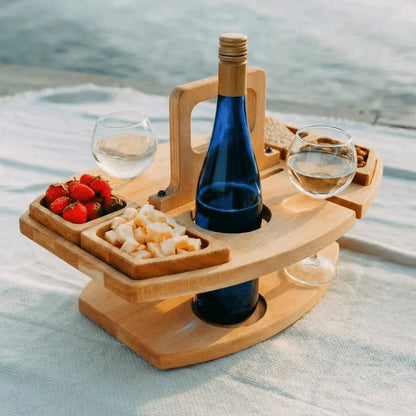 Portable wooden wine table featuring a built-in glass holder, perfect for outdoor picnics and gatherings, offering a compact and stylish accessory for wine lovers. 3