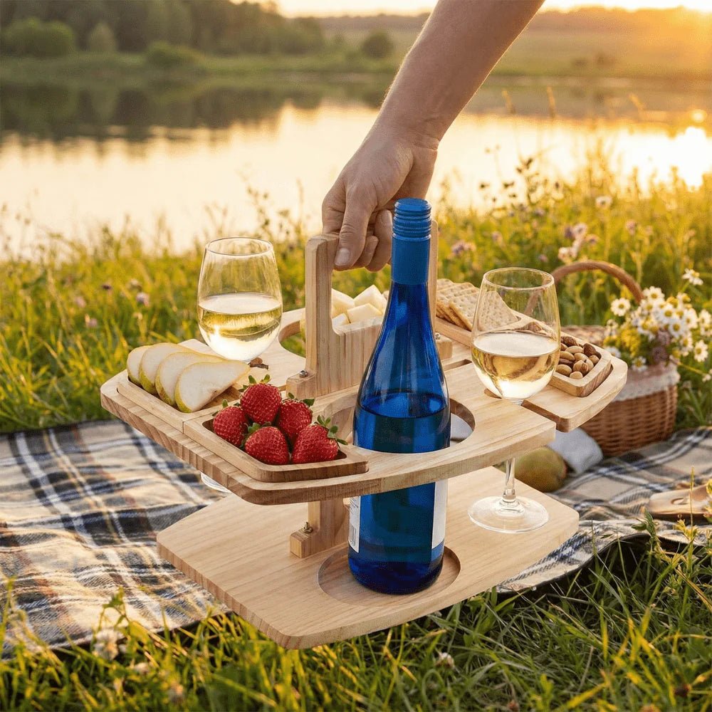 Portable wooden wine table featuring a built-in glass holder, perfect for outdoor picnics and gatherings, offering a compact and stylish accessory for wine lovers. 5