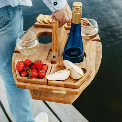 Portable wooden wine table featuring a built-in glass holder, perfect for outdoor picnics and gatherings, offering a compact and stylish accessory for wine lovers. 4