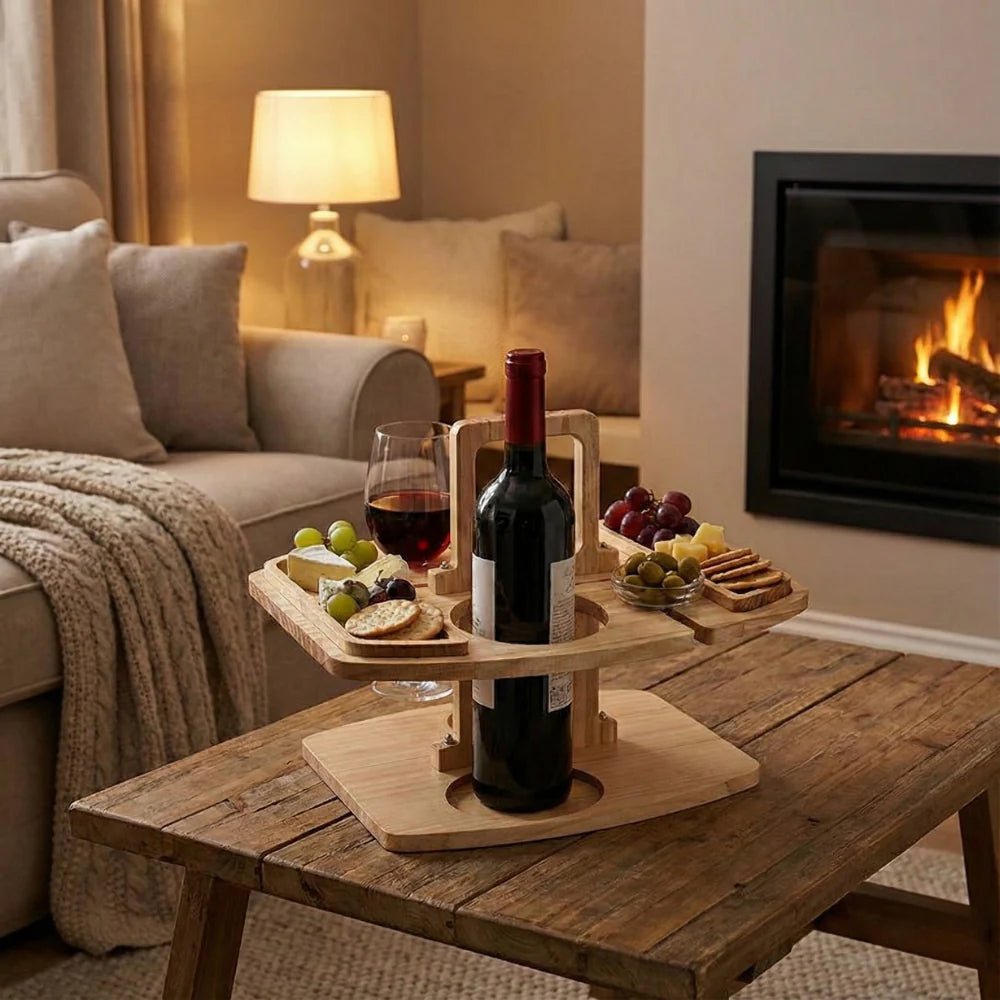 Portable wooden wine table featuring a built-in glass holder, perfect for outdoor picnics and gatherings, offering a compact and stylish accessory for wine lovers. 2