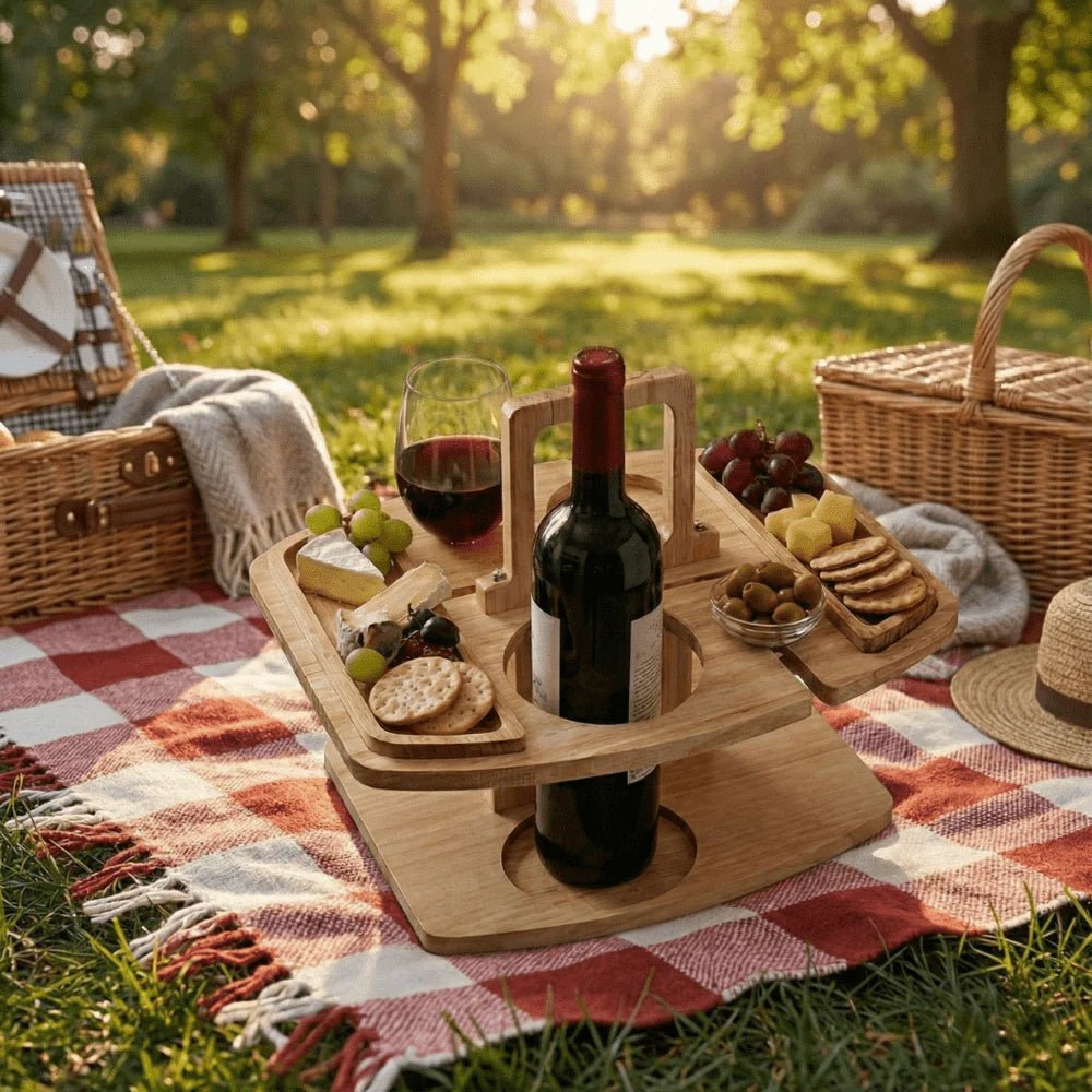 Portable wooden wine table featuring a built-in glass holder, perfect for outdoor picnics and gatherings, offering a compact and stylish accessory for wine lovers. 7