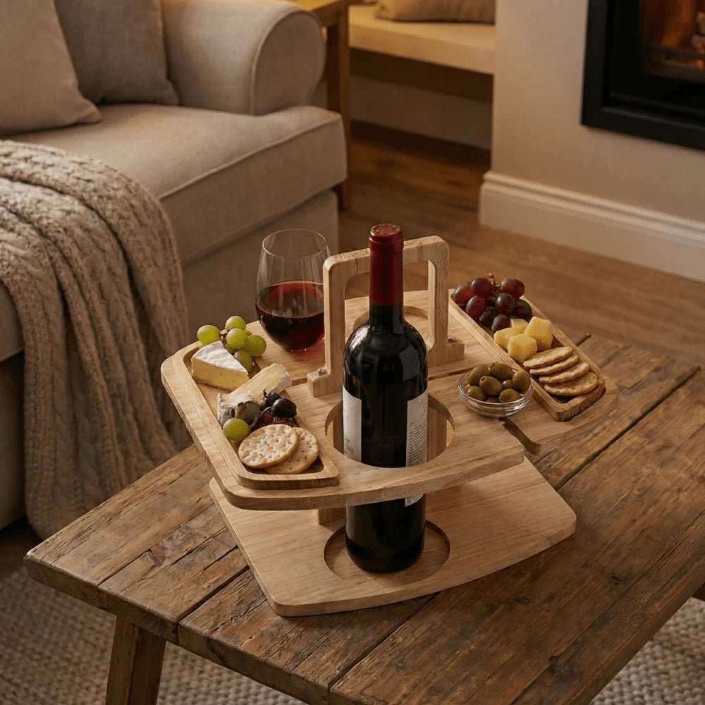 Portable wooden wine table featuring a built-in glass holder, perfect for outdoor picnics and gatherings, offering a compact and stylish accessory for wine lovers. 1