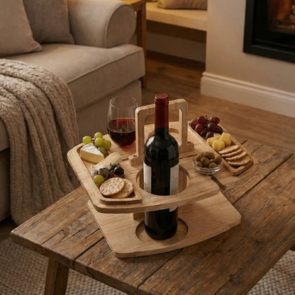 Portable wooden wine table featuring a built-in glass holder, perfect for outdoor picnics and gatherings, offering a compact and stylish accessory for wine lovers. 1