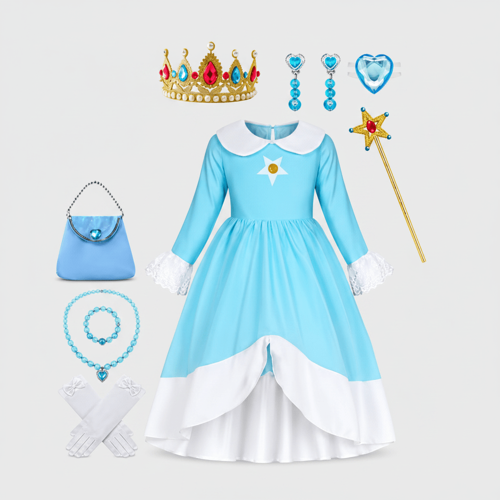Princess costume set featuring a long-sleeve dress with shimmering details and matching accessories, perfect for Halloween and themed parties, ideal for imaginative role-play. 1