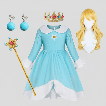 Princess costume set featuring a long-sleeve dress with shimmering details and matching accessories, perfect for Halloween and themed parties, ideal for imaginative role-play. 3