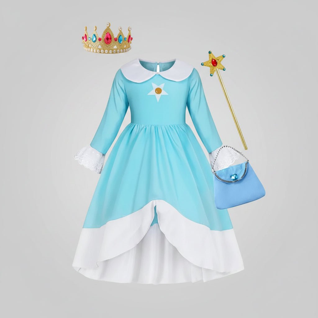 Princess costume set featuring a long-sleeve dress with shimmering details and matching accessories, perfect for Halloween and themed parties, ideal for imaginative role-play. 0