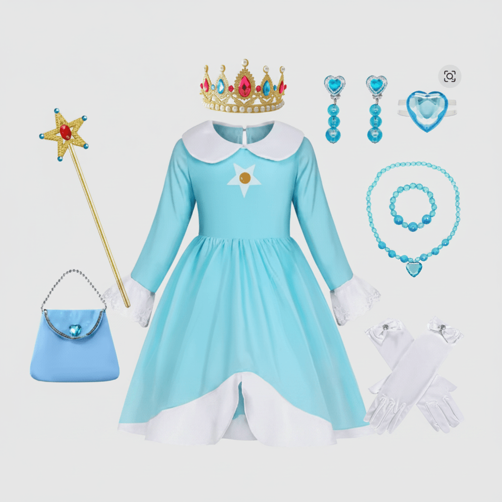 Princess costume set featuring a long-sleeve dress with shimmering details and matching accessories, perfect for Halloween and themed parties, ideal for imaginative role-play. 2