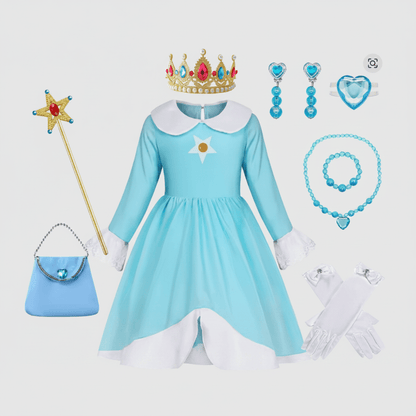 Princess costume set featuring a long-sleeve dress with shimmering details and matching accessories, perfect for Halloween and themed parties, ideal for imaginative role-play. 2