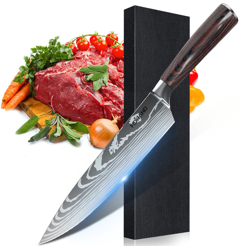Professional Chef Knife Set featuring stainless steel laser Damascus blades and ergonomic handles, ideal for precision cutting and comfortable grip in the kitchen. 0