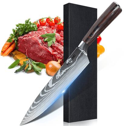 Professional Chef Knife Set featuring stainless steel laser Damascus blades and ergonomic handles, ideal for precision cutting and comfortable grip in the kitchen. 0