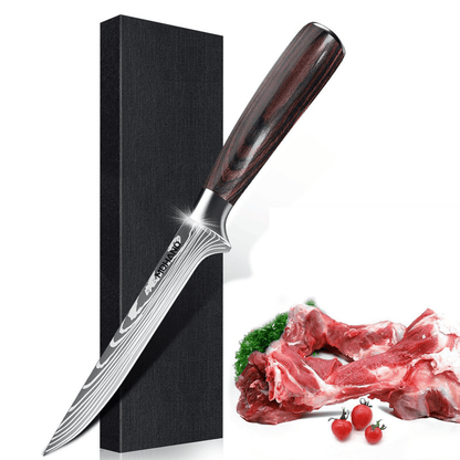Professional Chef Knife Set featuring stainless steel laser Damascus blades and ergonomic handles, ideal for precision cutting and comfortable grip in the kitchen. 6