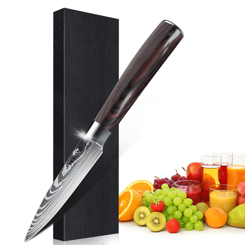 Professional Chef Knife Set featuring stainless steel laser Damascus blades and ergonomic handles, ideal for precision cutting and comfortable grip in the kitchen. 11