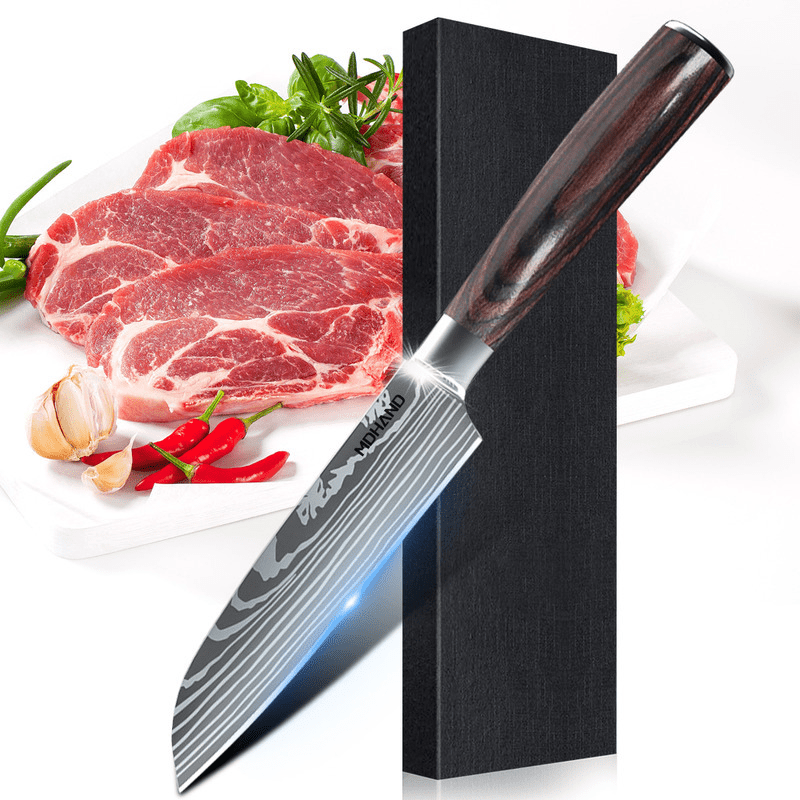 Professional Chef Knife Set featuring stainless steel laser Damascus blades and ergonomic handles, ideal for precision cutting and comfortable grip in the kitchen. 2