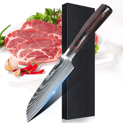 Professional Chef Knife Set featuring stainless steel laser Damascus blades and ergonomic handles, ideal for precision cutting and comfortable grip in the kitchen. 2