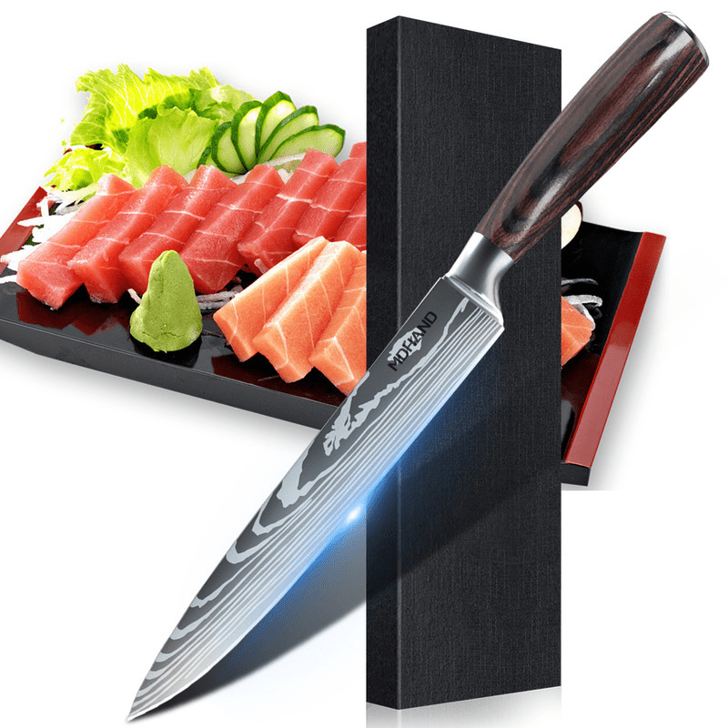 Professional Chef Knife Set featuring stainless steel laser Damascus blades and ergonomic handles, ideal for precision cutting and comfortable grip in the kitchen. 7