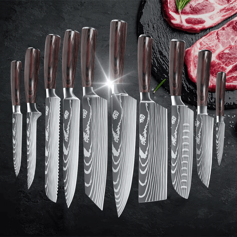 Professional Chef Knife Set featuring stainless steel laser Damascus blades and ergonomic handles, ideal for precision cutting and comfortable grip in the kitchen. 1