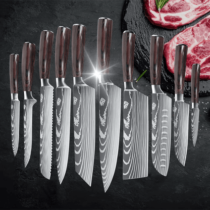 Professional Chef Knife Set featuring stainless steel laser Damascus blades and ergonomic handles, ideal for precision cutting and comfortable grip in the kitchen. 1