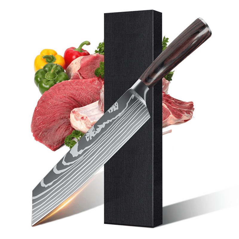Professional Chef Knife Set featuring stainless steel laser Damascus blades and ergonomic handles, ideal for precision cutting and comfortable grip in the kitchen. 4