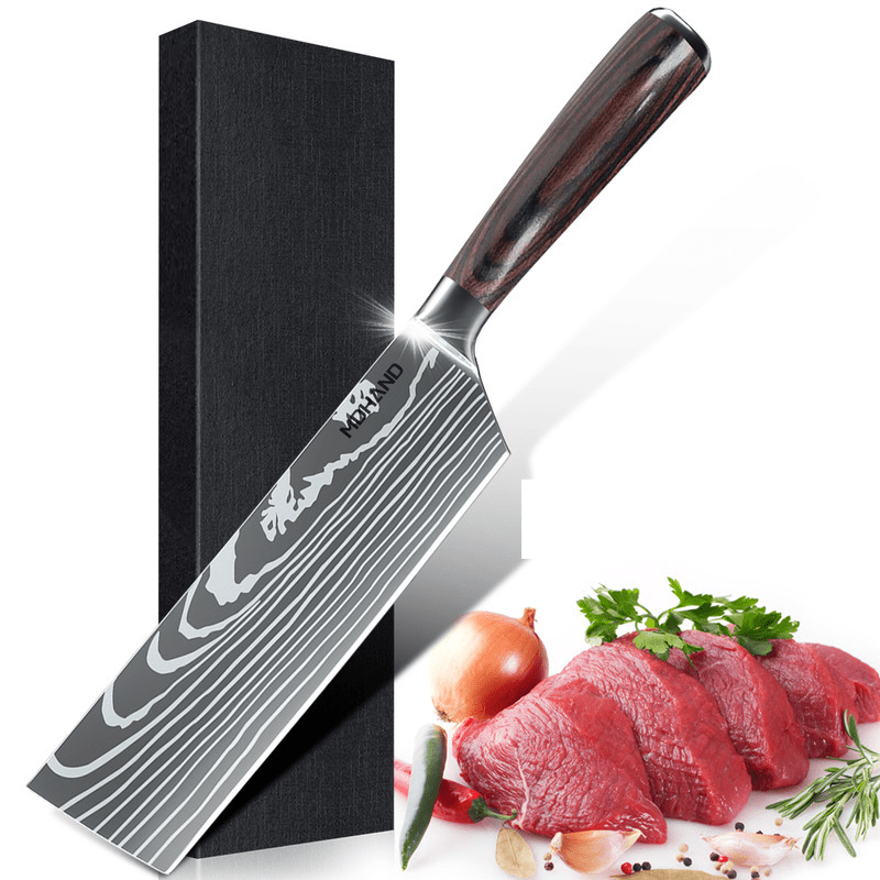 Professional Chef Knife Set featuring stainless steel laser Damascus blades and ergonomic handles, ideal for precision cutting and comfortable grip in the kitchen. 5
