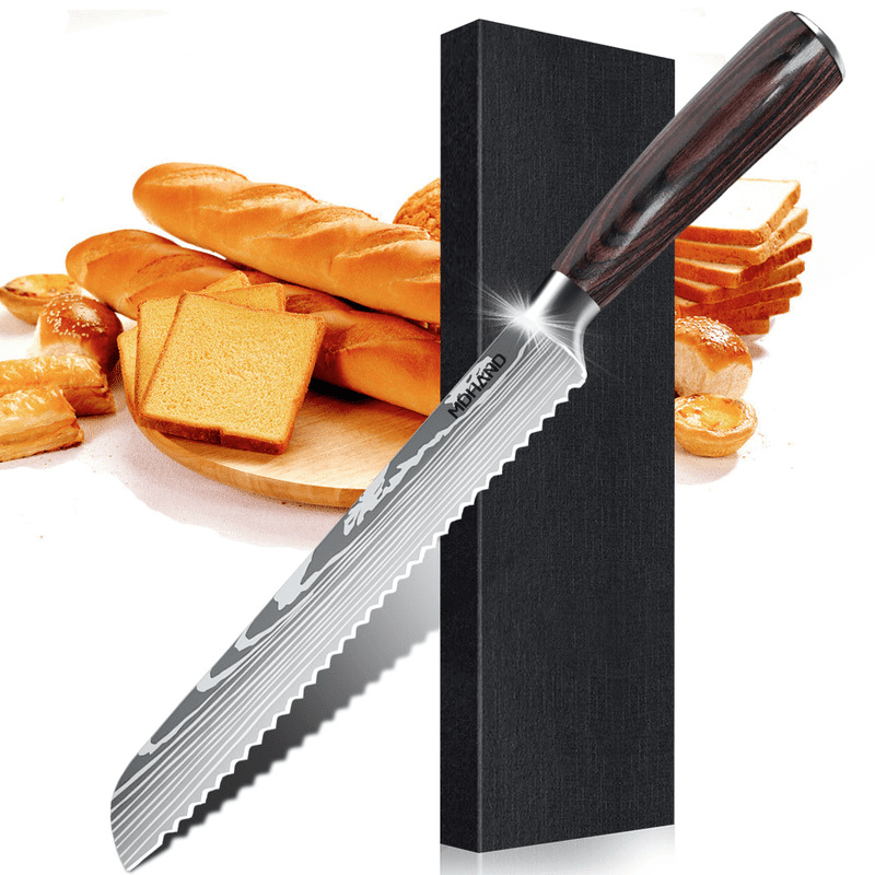 Professional Chef Knife Set featuring stainless steel laser Damascus blades and ergonomic handles, ideal for precision cutting and comfortable grip in the kitchen. 9