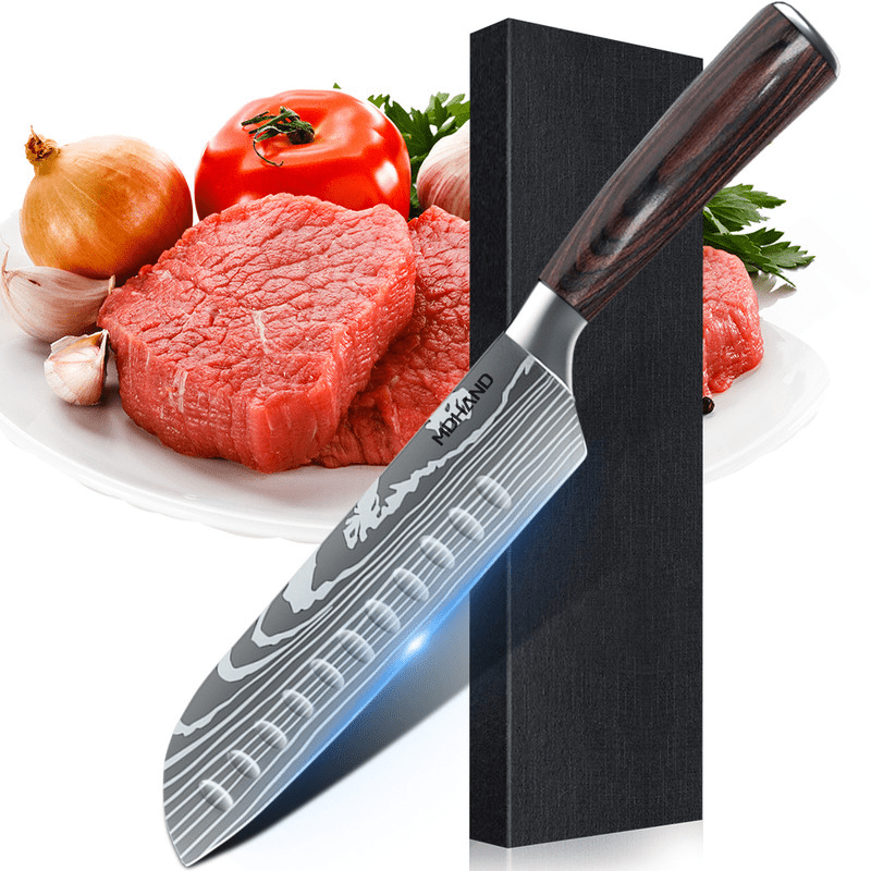 Professional Chef Knife Set featuring stainless steel laser Damascus blades and ergonomic handles, ideal for precision cutting and comfortable grip in the kitchen. 3